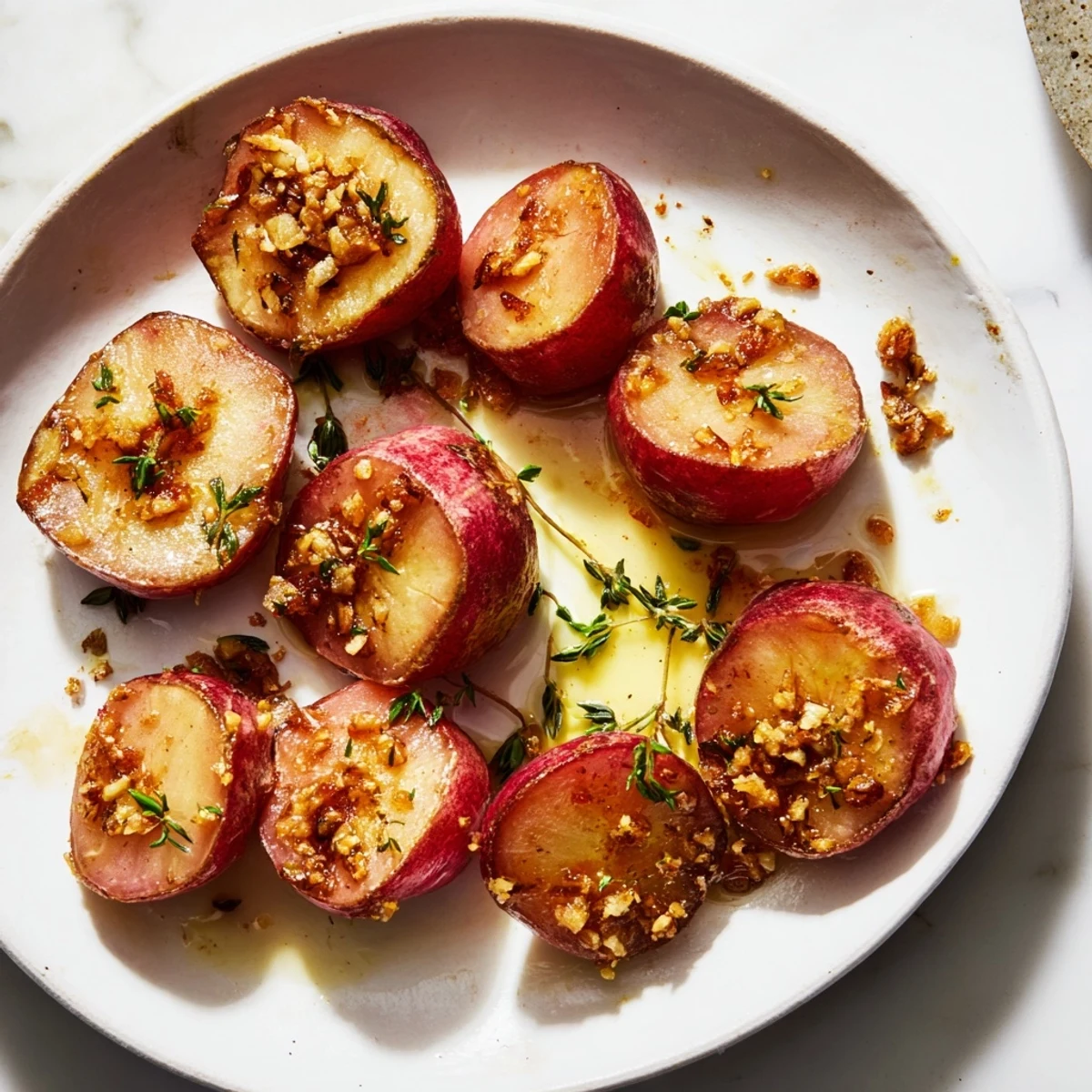 Golden roasted radishes with garlic and thyme served warm on a platter, garnished with fresh herb sprigs.