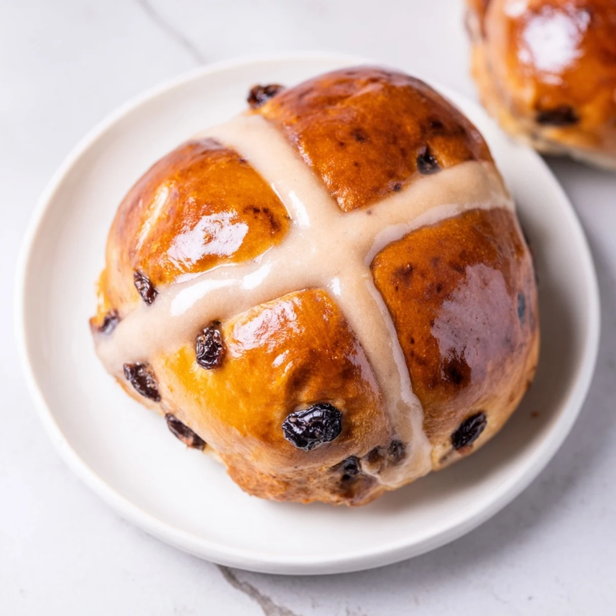 Freshly baked Hot Cross Buns with currants and spices on a wire cooling rack, glistening with apricot glaze.  
