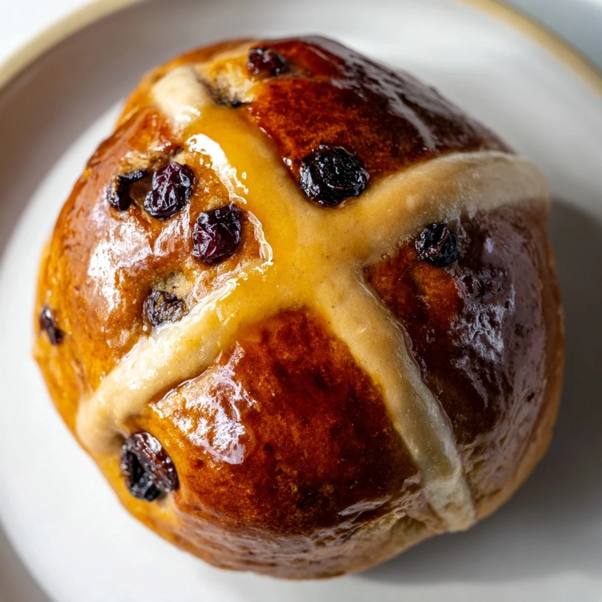 Plated Hot Cross Buns with currants and warm spices, served with butter for a classic Easter treat.