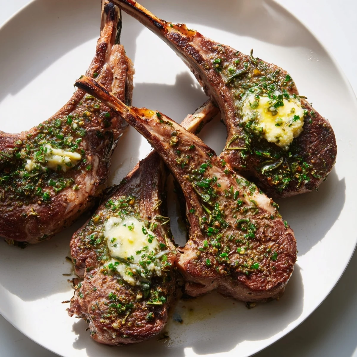 Golden-brown Air Fryer Lamb Chops sizzling in the basket, topped with melting garlic butter and fresh parsley.