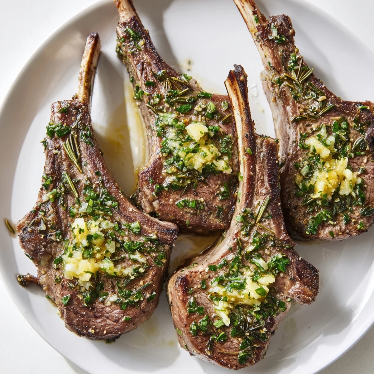 Air Fryer Lamb Chops plated with lemon wedges and herbs, showcasing a juicy medium-rare interior.