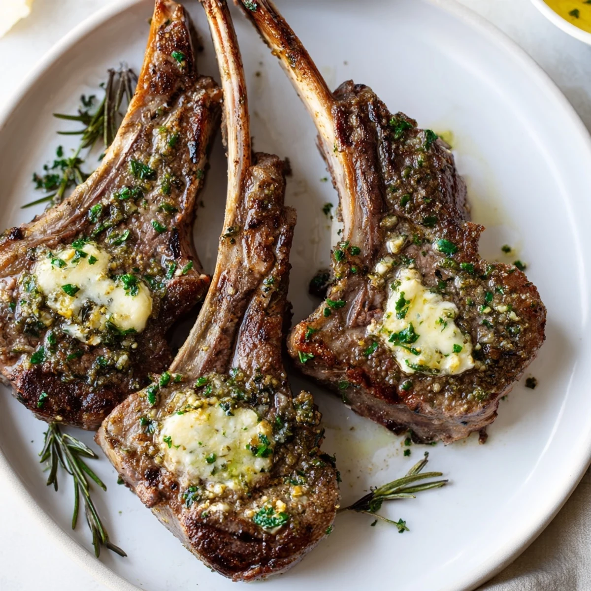 Tender Air Fryer Lamb Chops served on a plate, drizzled with rich garlic butter sauce.