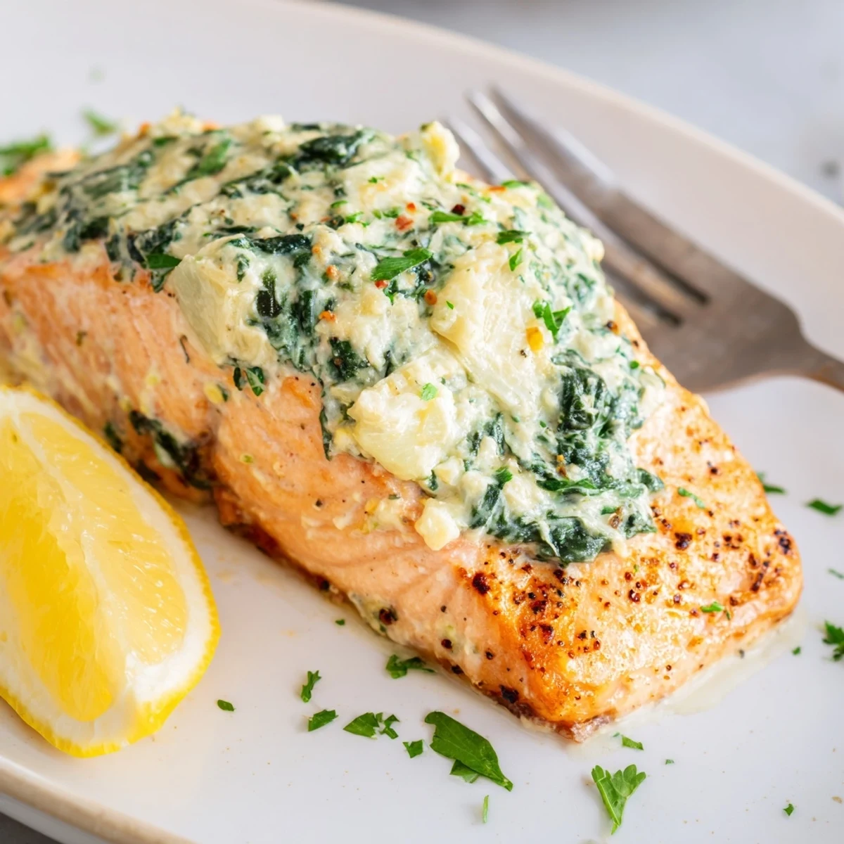 Tender Creamy Spinach and Artichoke Stuffed Salmon, flaky and moist, garnished with fresh parsley alongside roasted asparagus and potatoes.