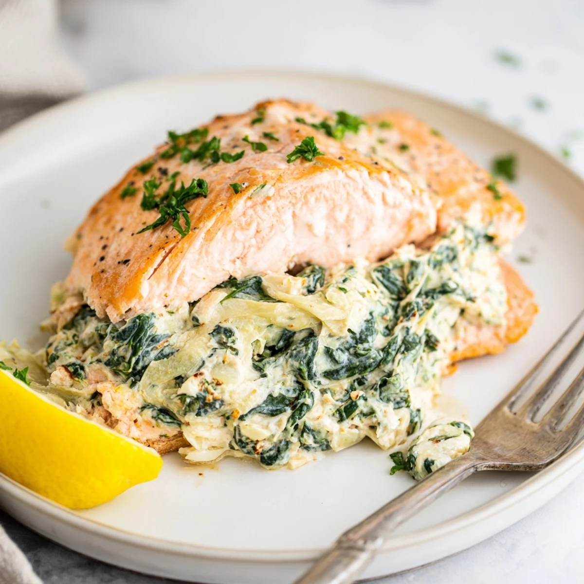Plated Creamy Spinach and Artichoke Stuffed Salmon with a creamy, melted filling and a side of lemon wedges for zest.