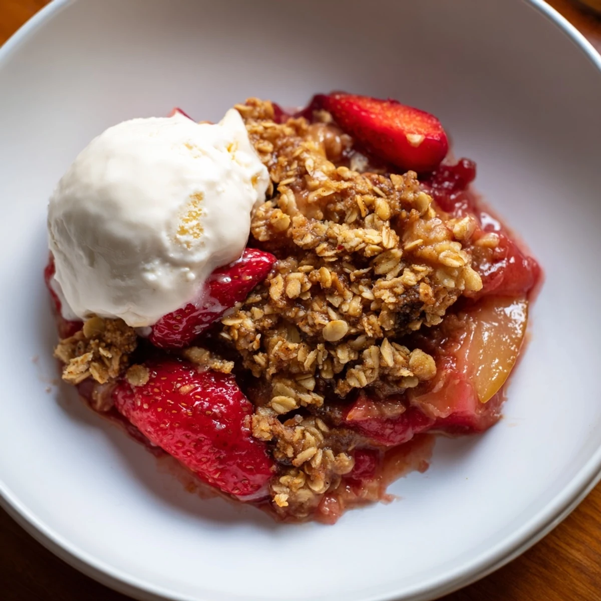 Fresh strawberry and tart rhubarb mingle in a sweet filling under a buttery baked oat crumble.