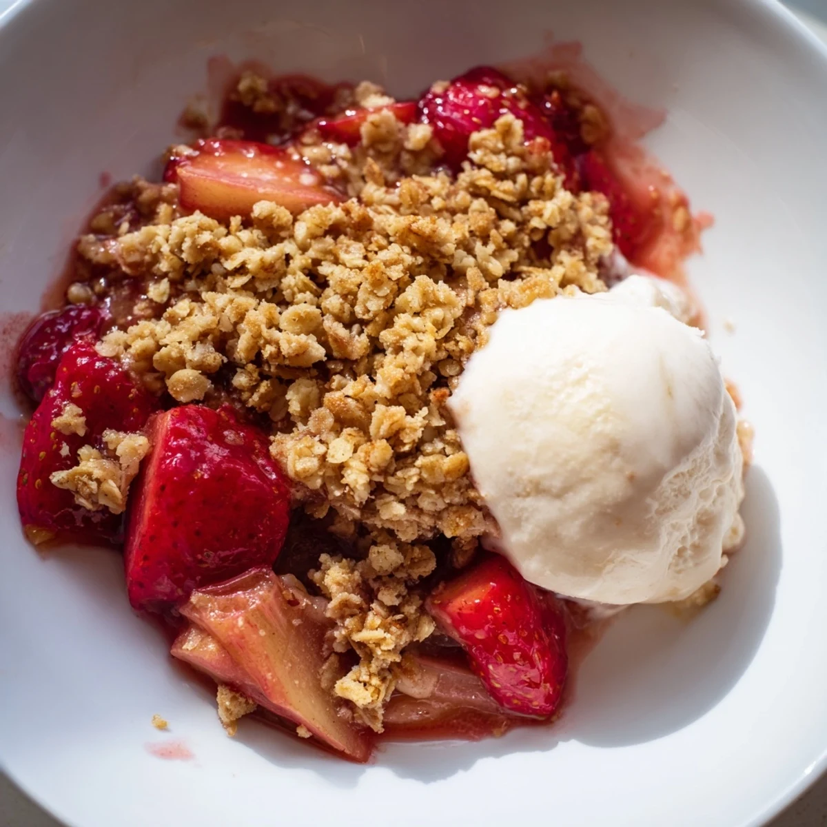 Serve this Strawberry Rhubarb Crisp warm, topped with melting vanilla ice cream for a classic dessert.