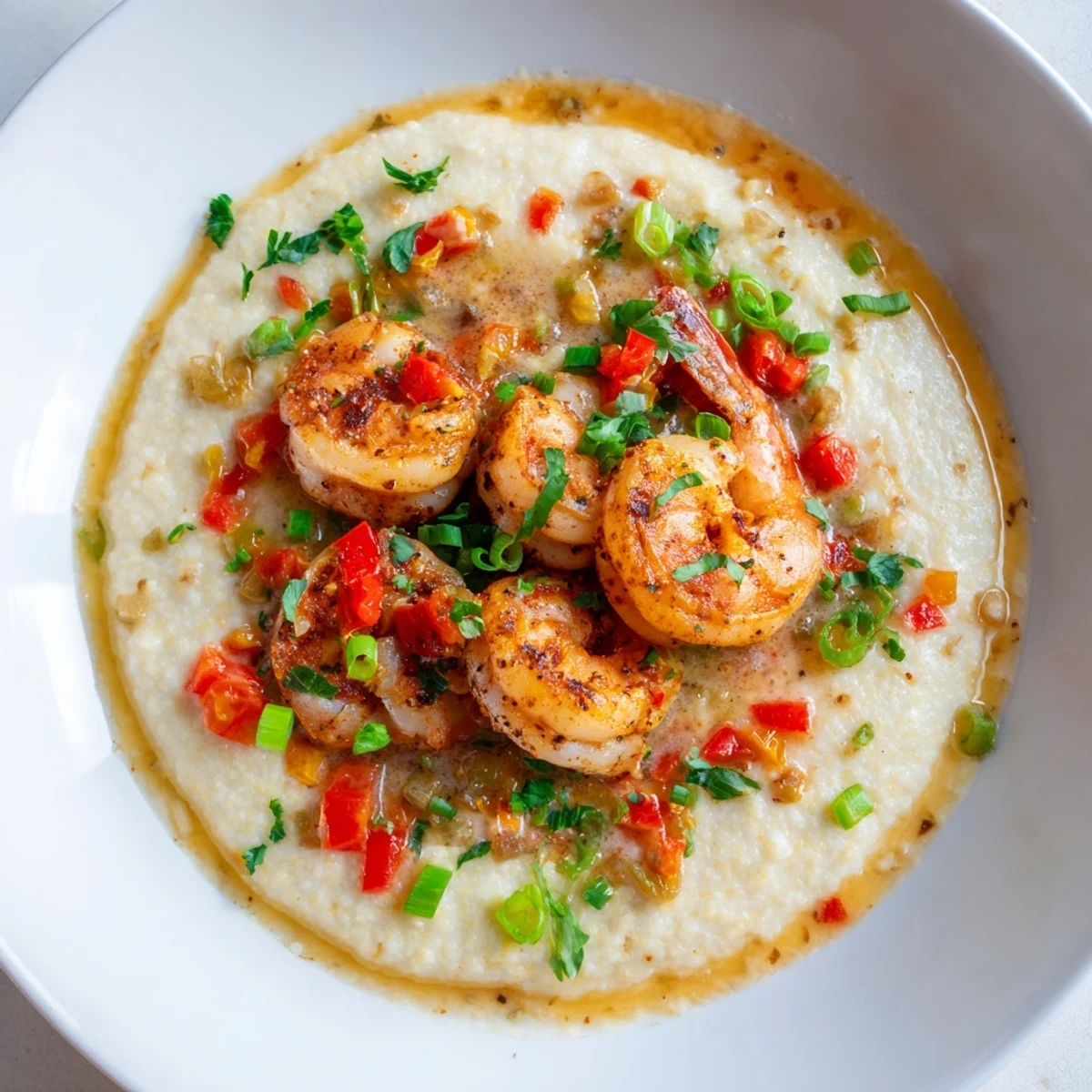 Creamy cheddar grits topped with spicy Cajun shrimp, garnished with green onions for a Southern dinner.