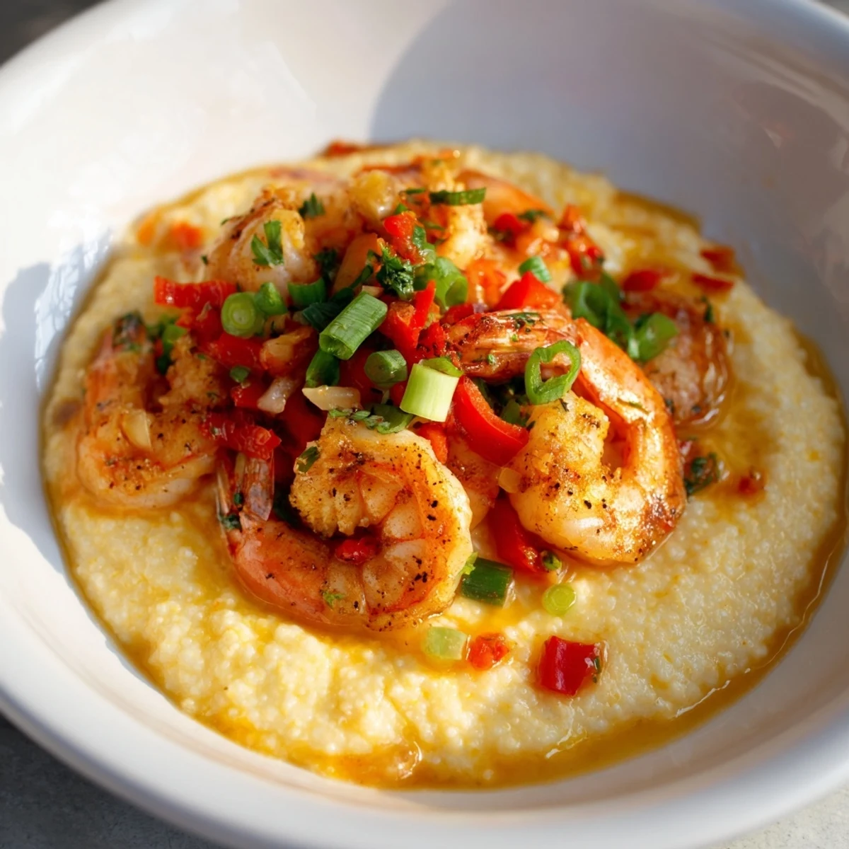 Cajun Shrimp and Grits with Cheddar Cheese served in a rustic bowl with a savory pan sauce.
