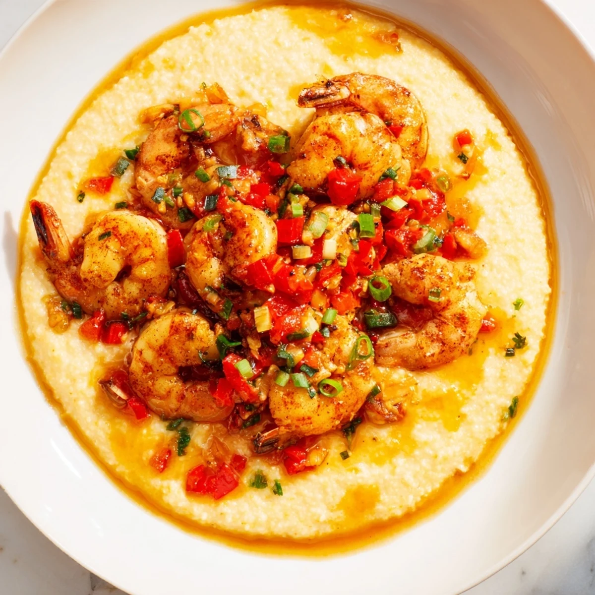 A close-up of Cajun Shrimp and Grits with Cheddar Cheese, featuring plump shrimp and cheesy, steaming grits.