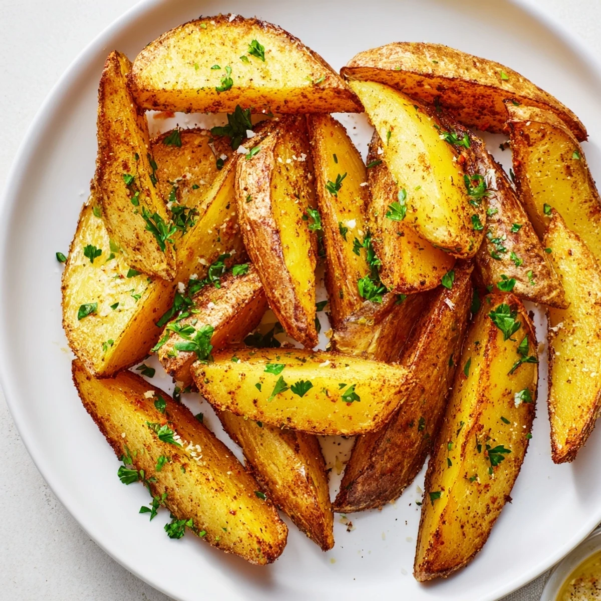 Crispy Oven Baked Potato Wedges are golden with sea salt and herbs, served hot from the oven.