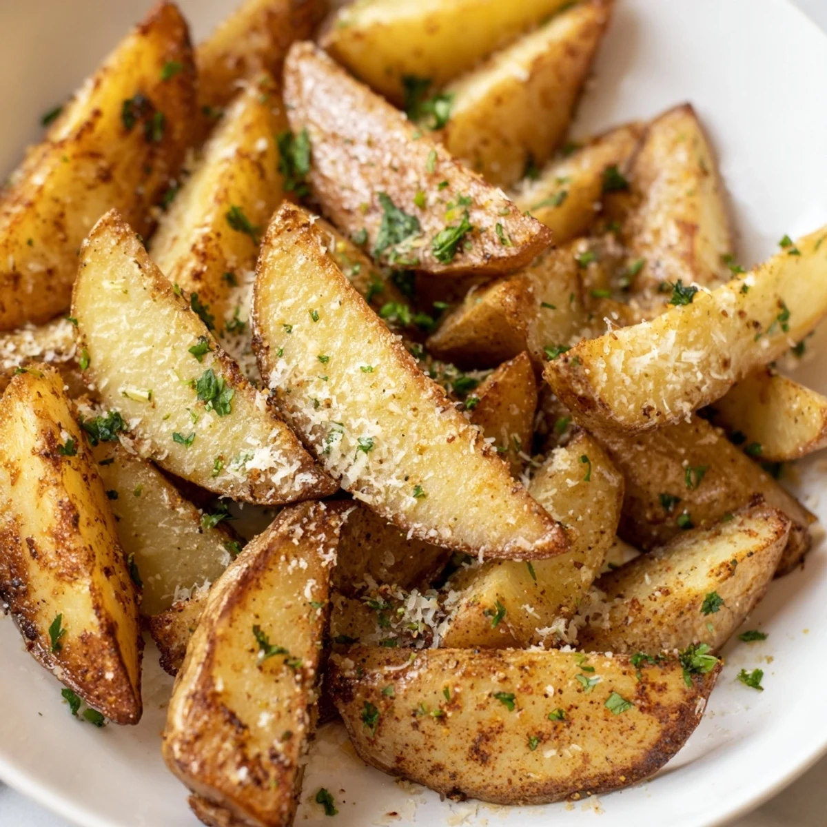 A close-up of Crispy Oven Baked Potato Wedges showing crunchy exteriors and fluffy centers on a plate.