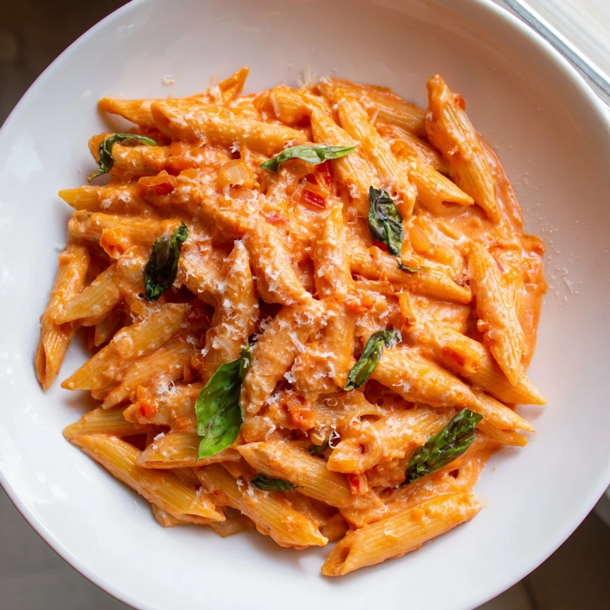 Creamy Tomato Basil Pasta in a white bowl, garnished with fresh basil and grated Parmesan for a comforting meal.