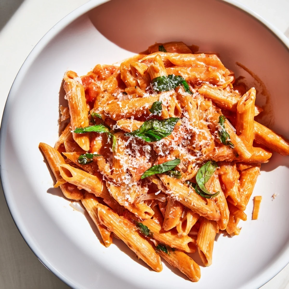 A fork twirls al dente penne coated in a velvety red tomato cream sauce with aromatic basil leaves.