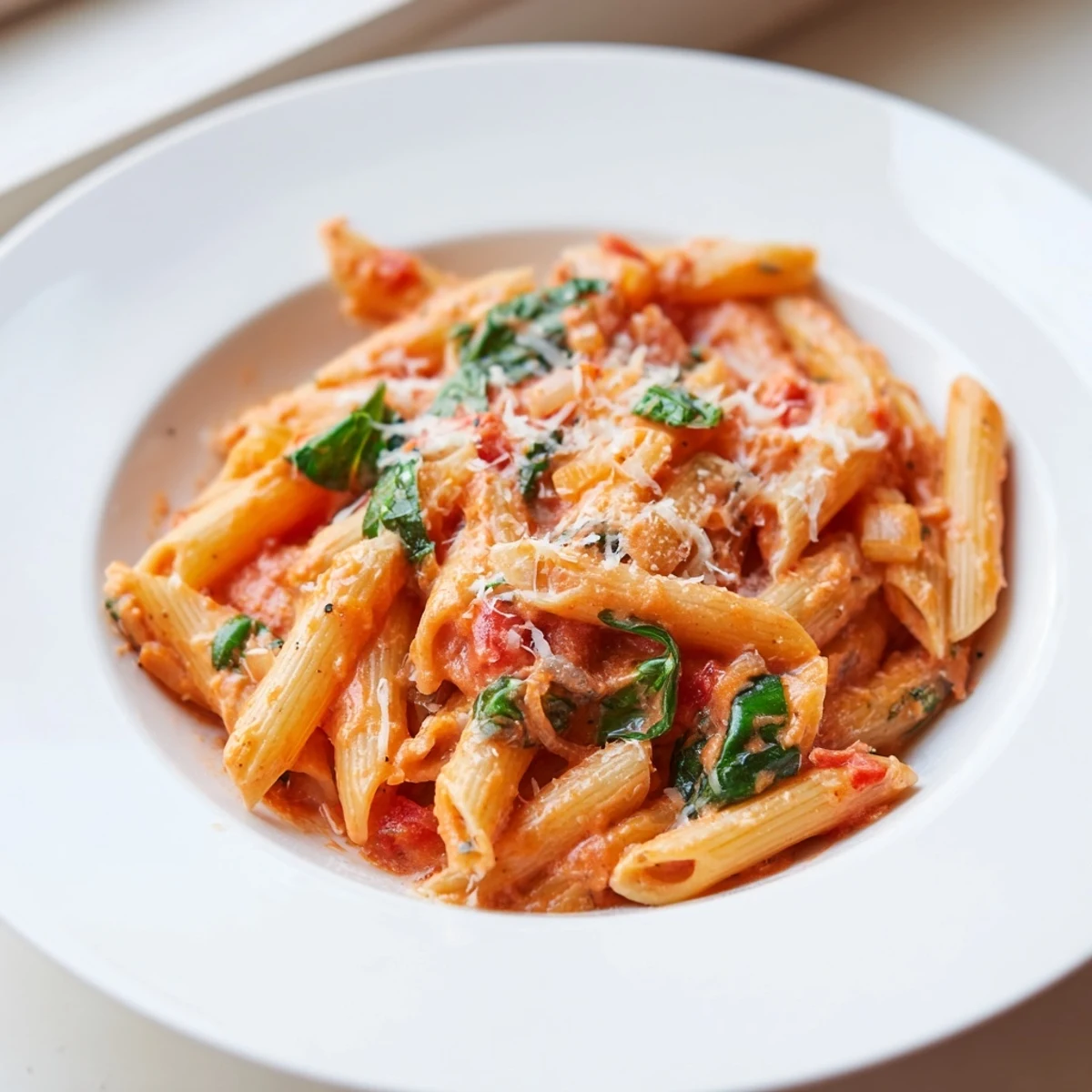Steaming Creamy Tomato Basil Pasta served family-style, perfect with a glass of Pinot Grigio on a weeknight.