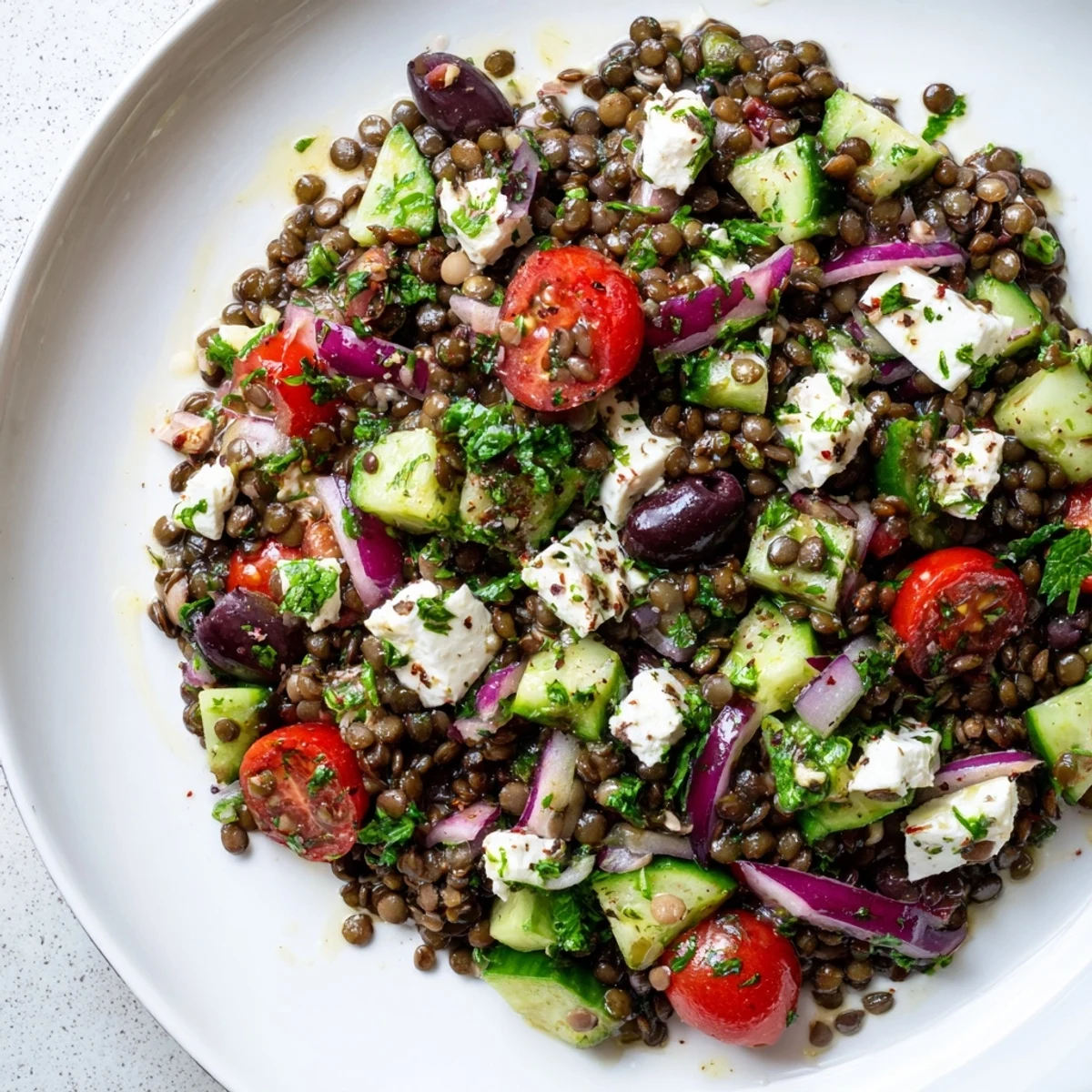 Topped with crumbled feta and Kalamata olives, this vibrant Mediterranean Lentil Salad with Feta is ready to serve chilled.