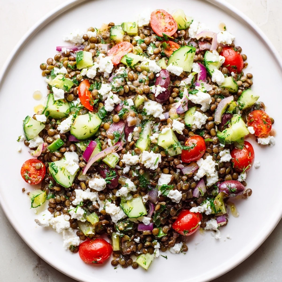 This Mediterranean Lentil Salad with Feta features a colorful mix of tender lentils, cherry tomatoes, and diced cucumber in a zesty dressing.