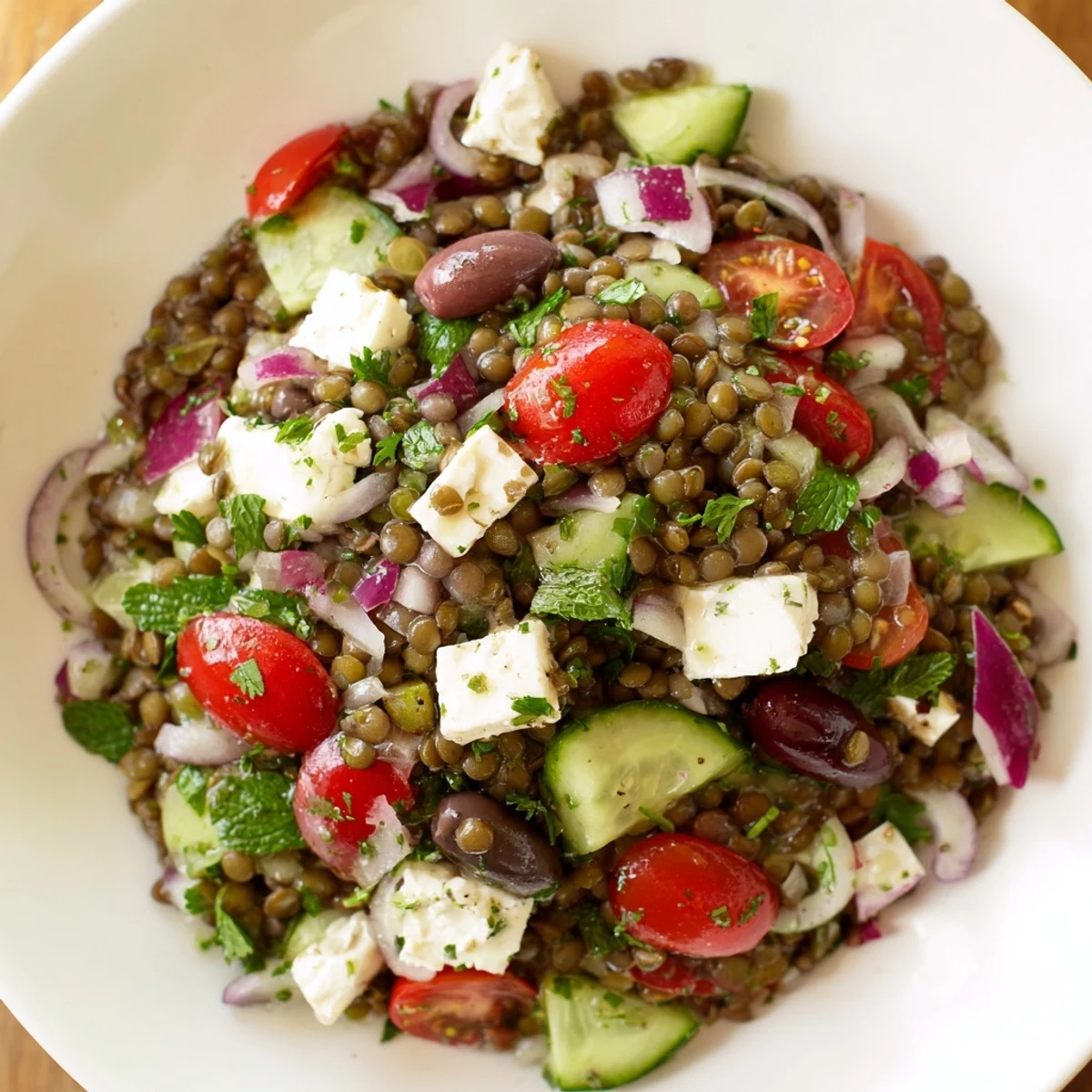 Enjoy a hearty Mediterranean Lentil Salad with Feta, combining protein-packed lentils, fresh herbs, and creamy cheese in a lemony dressing.