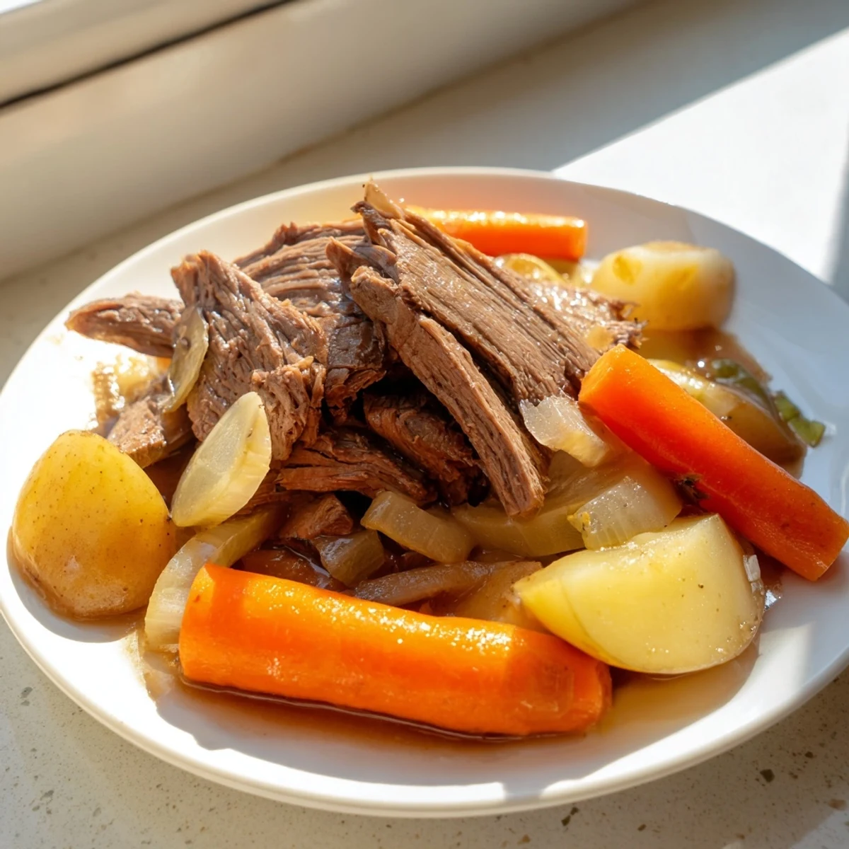 Golden brown Slow Cooker Pot Roast with Carrots resting on a white platter, steam rising from tender beef.