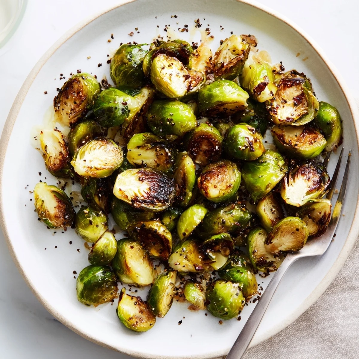 Golden, crispy roasted Brussels sprouts with honey drizzle, served as a warm side dish.