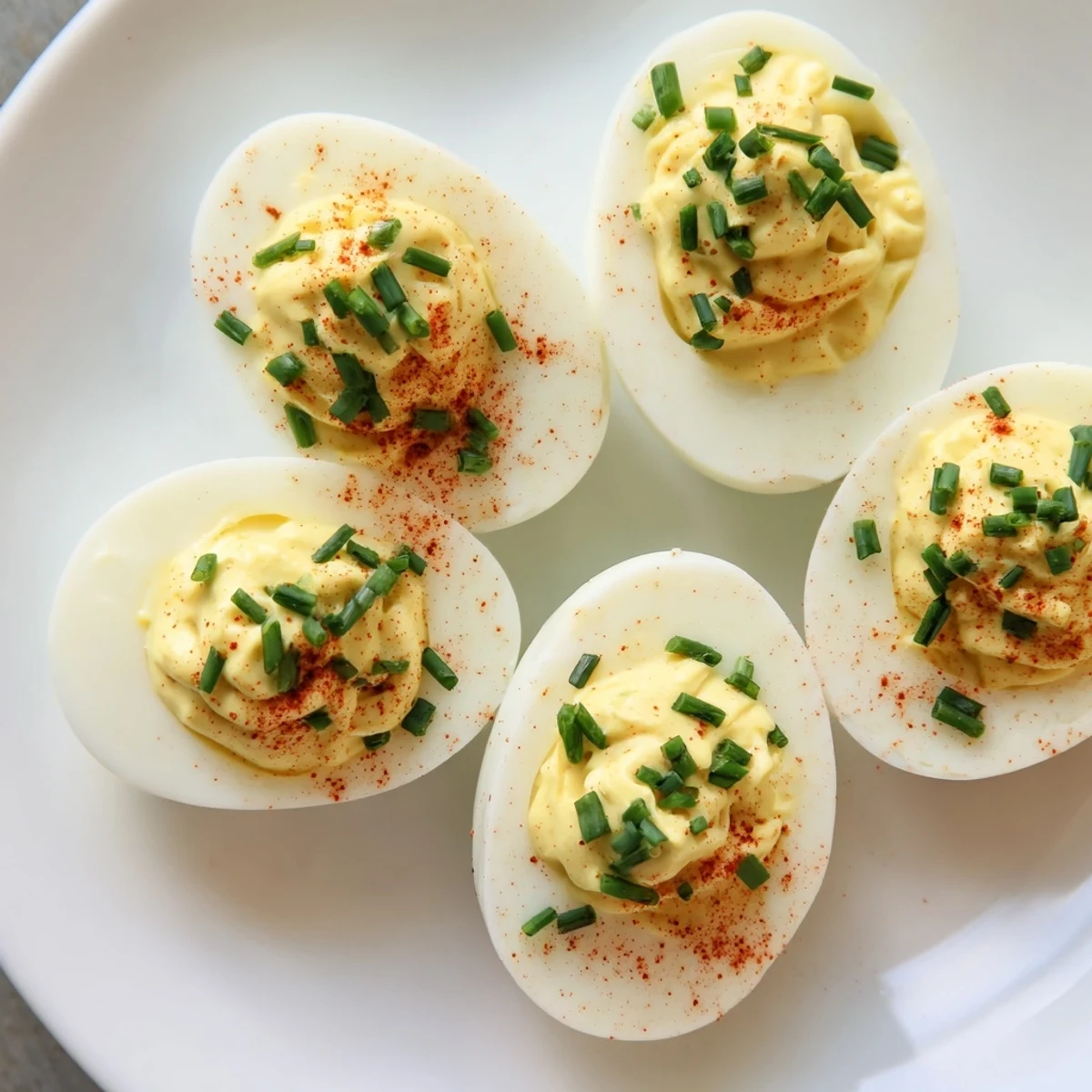 Freshly peeled halved eggs topped with creamy filling, chives, and smoked paprika for a classic appetizer