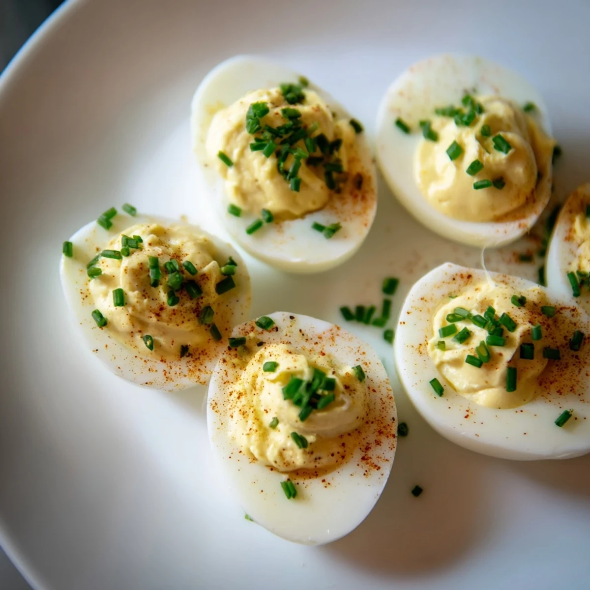 Served on a white platter, these deviled eggs with chives and smoked paprika look ready for a party