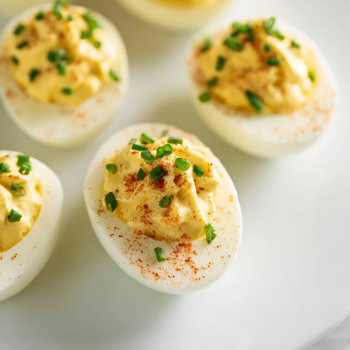 Golden yolks mixed with mayo and mustard create smooth deviled eggs with chives and smoky paprika garnish