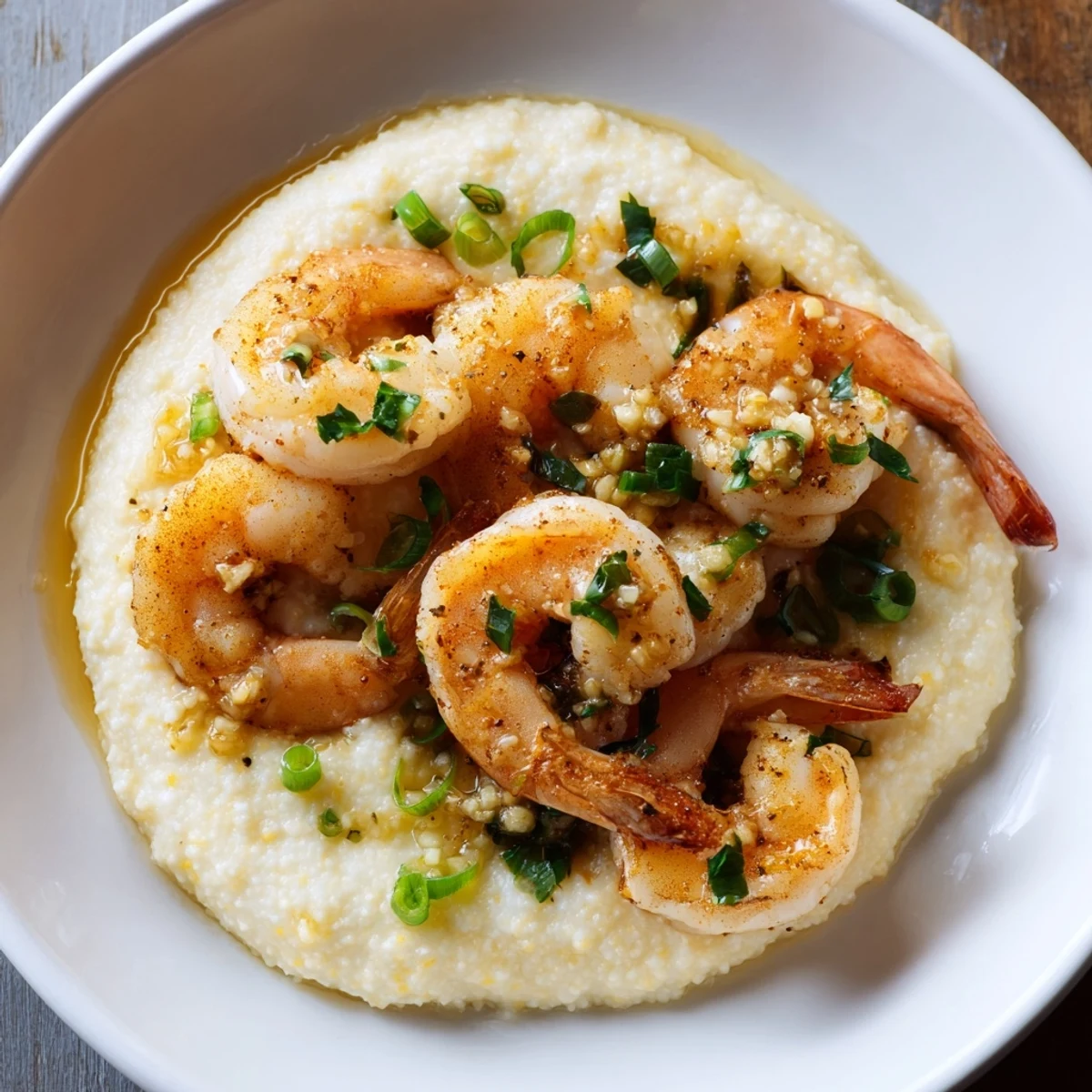 Cajun Shrimp and Grits with Cheddar Cheese on a rustic plate ready for a hearty dinner.