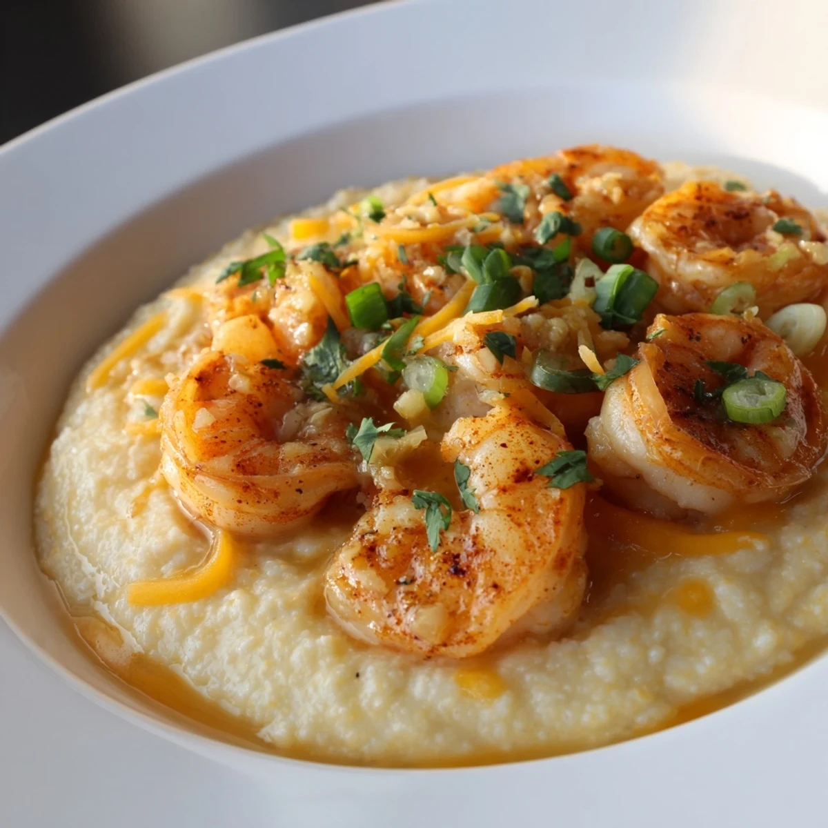 Steaming cheddar cheese grits in a bowl topped with spicy Cajun shrimp and fresh parsley garnish.
