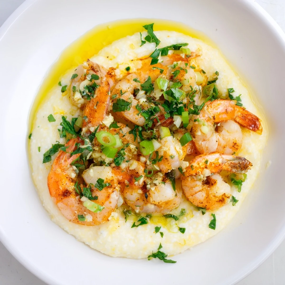 Golden brown shrimp in Cajun seasoning over creamy grits with melted cheddar and sliced green onions.