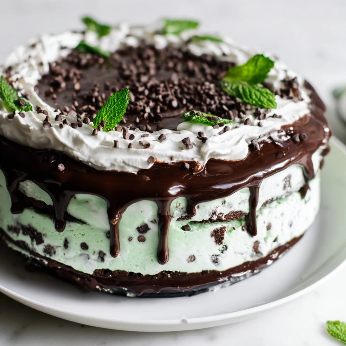 A slice of mint chocolate chip ice cream cake with creamy layers and chocolate drizzle on a white plate.