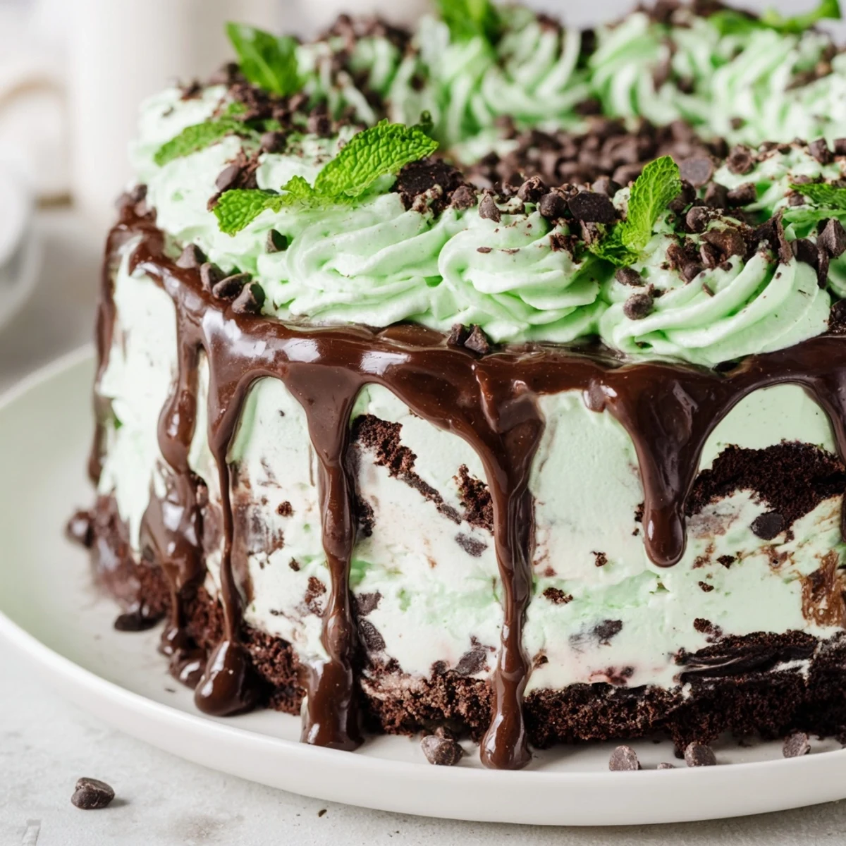 Fresh mint leaves garnish a rich mint chocolate chip ice cream cake, ready to serve at a summer gathering.