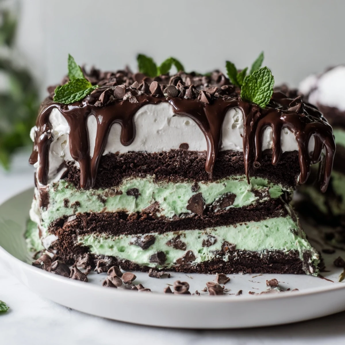 A close-up view of a mint chocolate chip ice cream cake showing whipped cream topping and chocolate ganache.