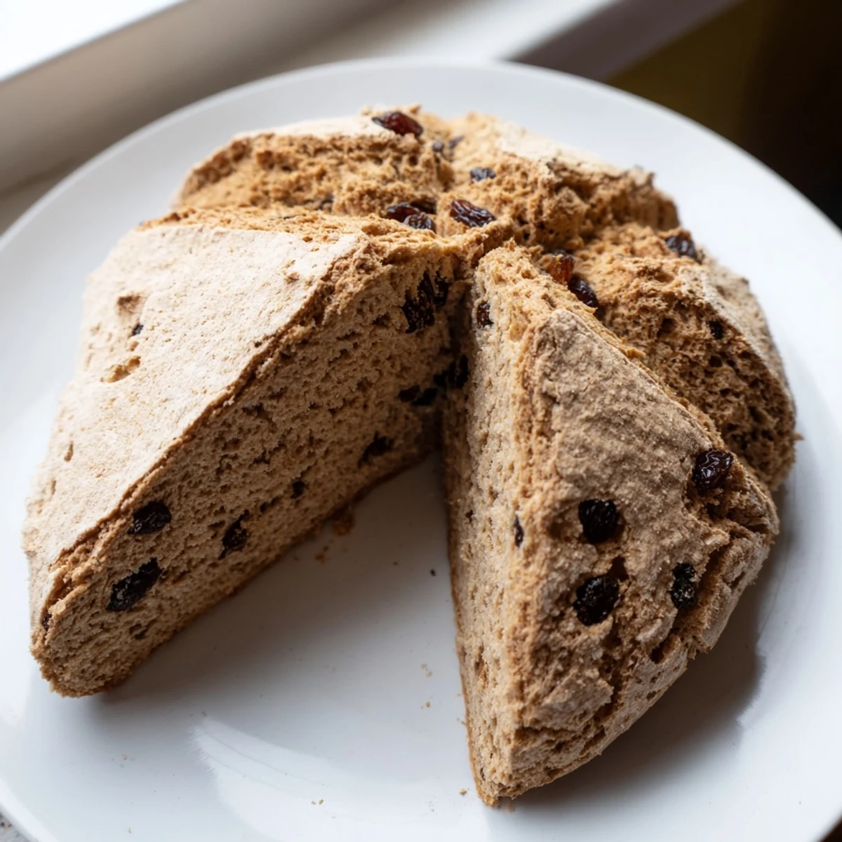Golden-baked Whole Wheat Irish Soda Bread with Raisins sliced to reveal a tender, moist crumb speckled with fruit.
