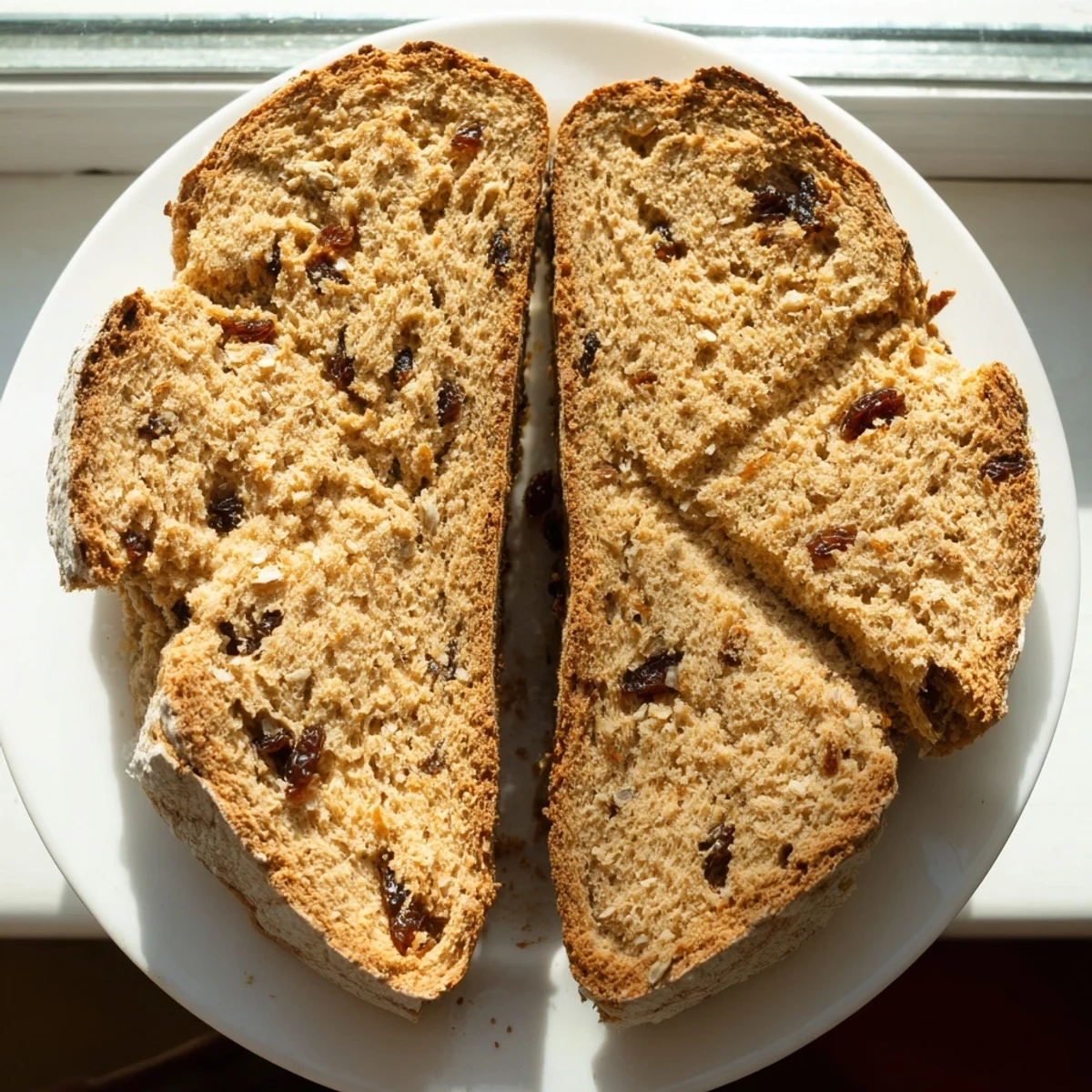 Serving suggestion of warm Whole Wheat Irish Soda Bread with Raisins slathered with butter on a cozy kitchen table.