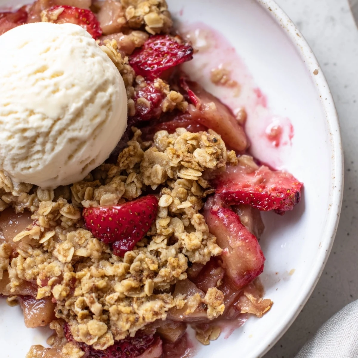 A close-up of freshly baked Strawberry Rhubarb Crisp with oat crumble, its golden topping bubbling over ruby-red fruit.