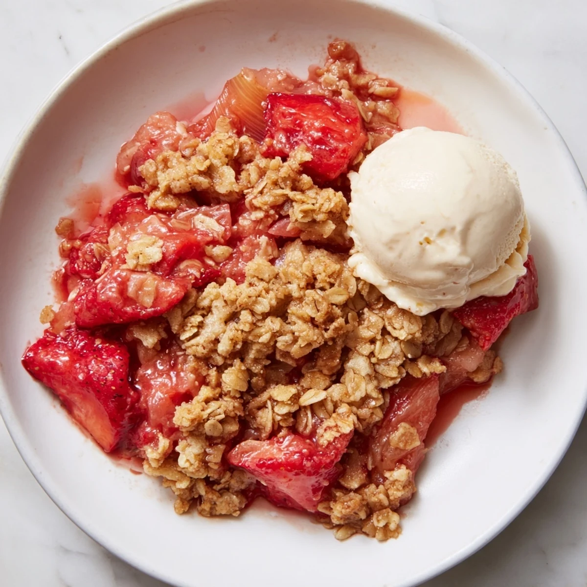 Serving suggestion for Strawberry Rhubarb Crisp topped with a melting scoop of vanilla ice cream on a rustic table.