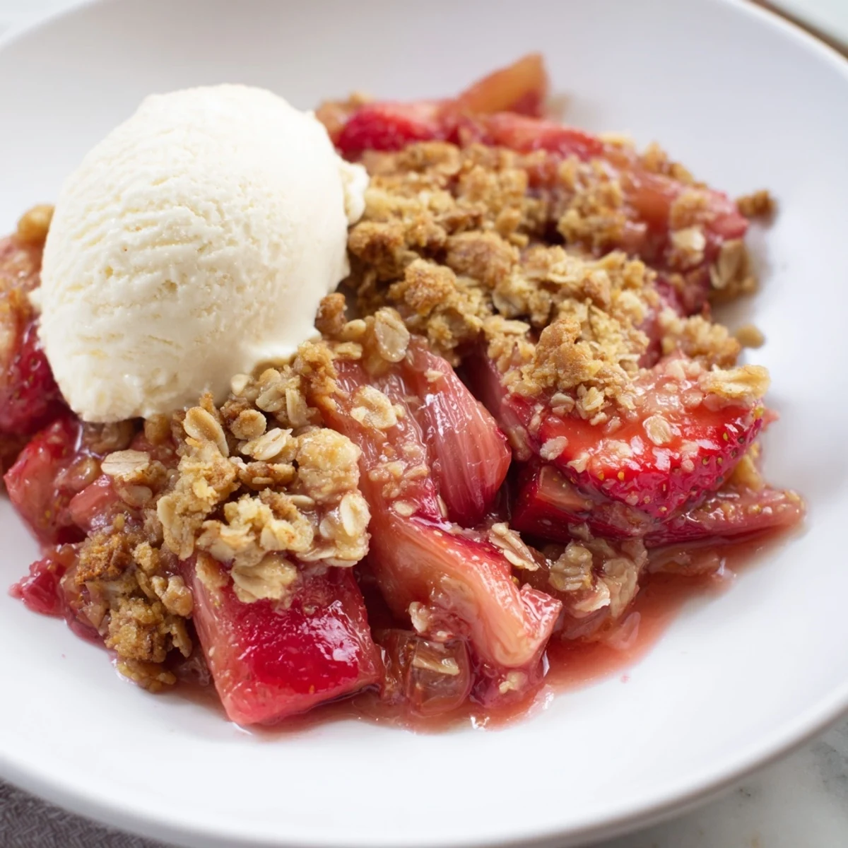 Overhead view of an 8x8 baking dish filled with Strawberry Rhubarb Crisp, revealing the juicy fruit and buttery oat crumble.