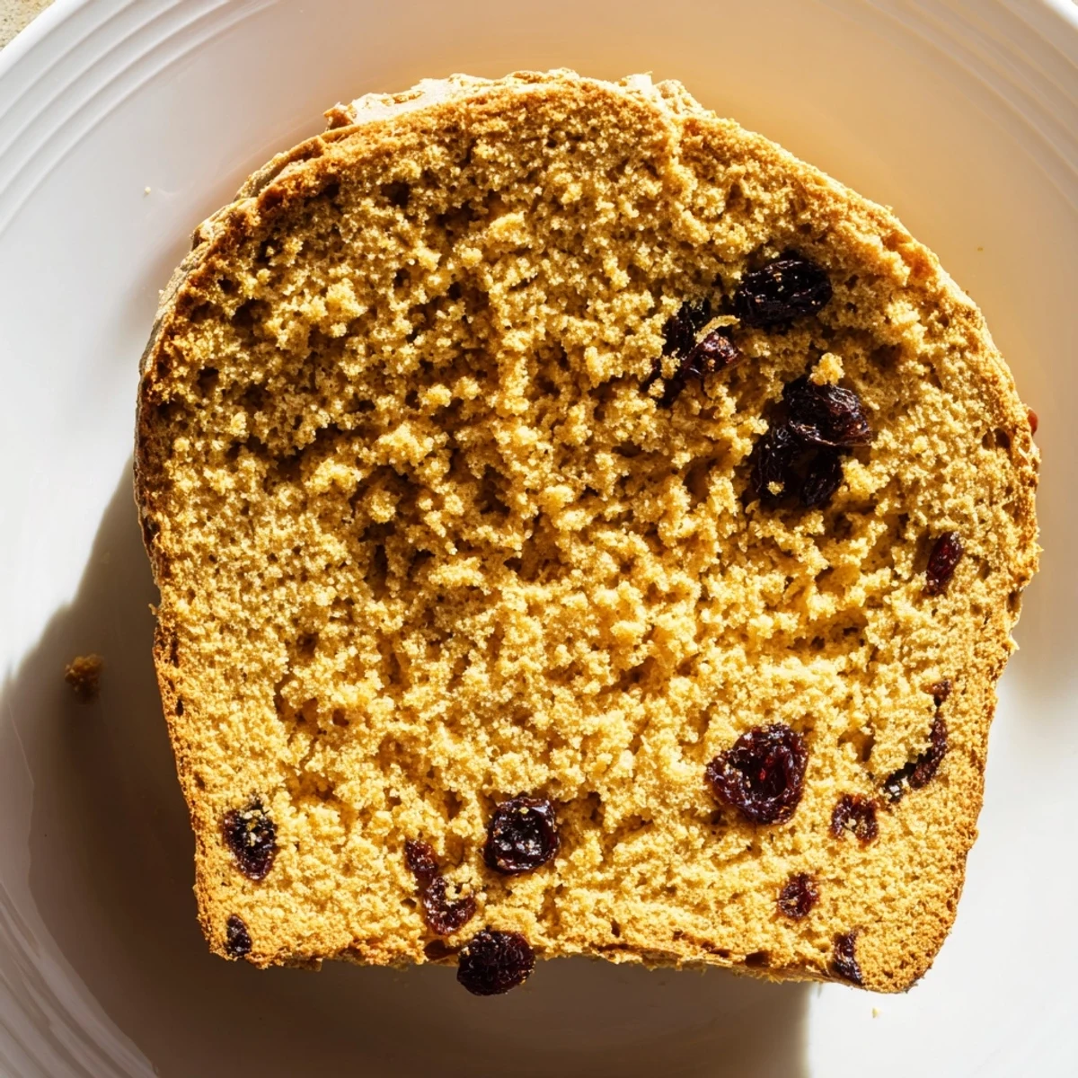 A rustic, golden-brown whole wheat Irish soda bread with currants on a wooden board, ready for breakfast.