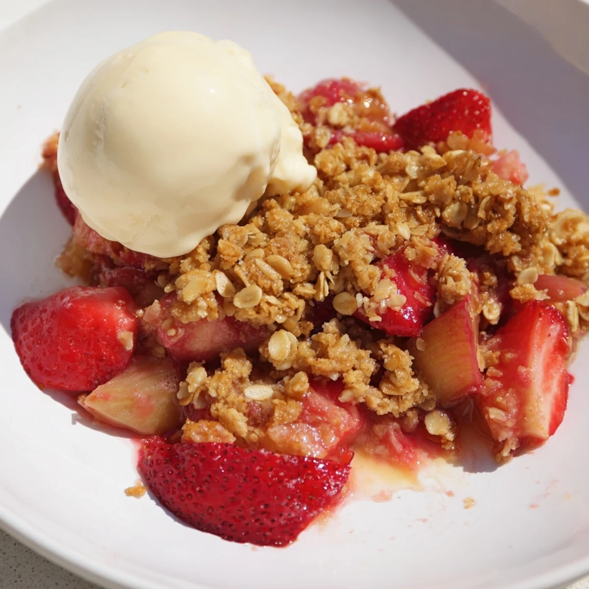 Golden crumble topping bakes over bubbling strawberry rhubarb filling, ready to serve with scoops of vanilla ice cream.