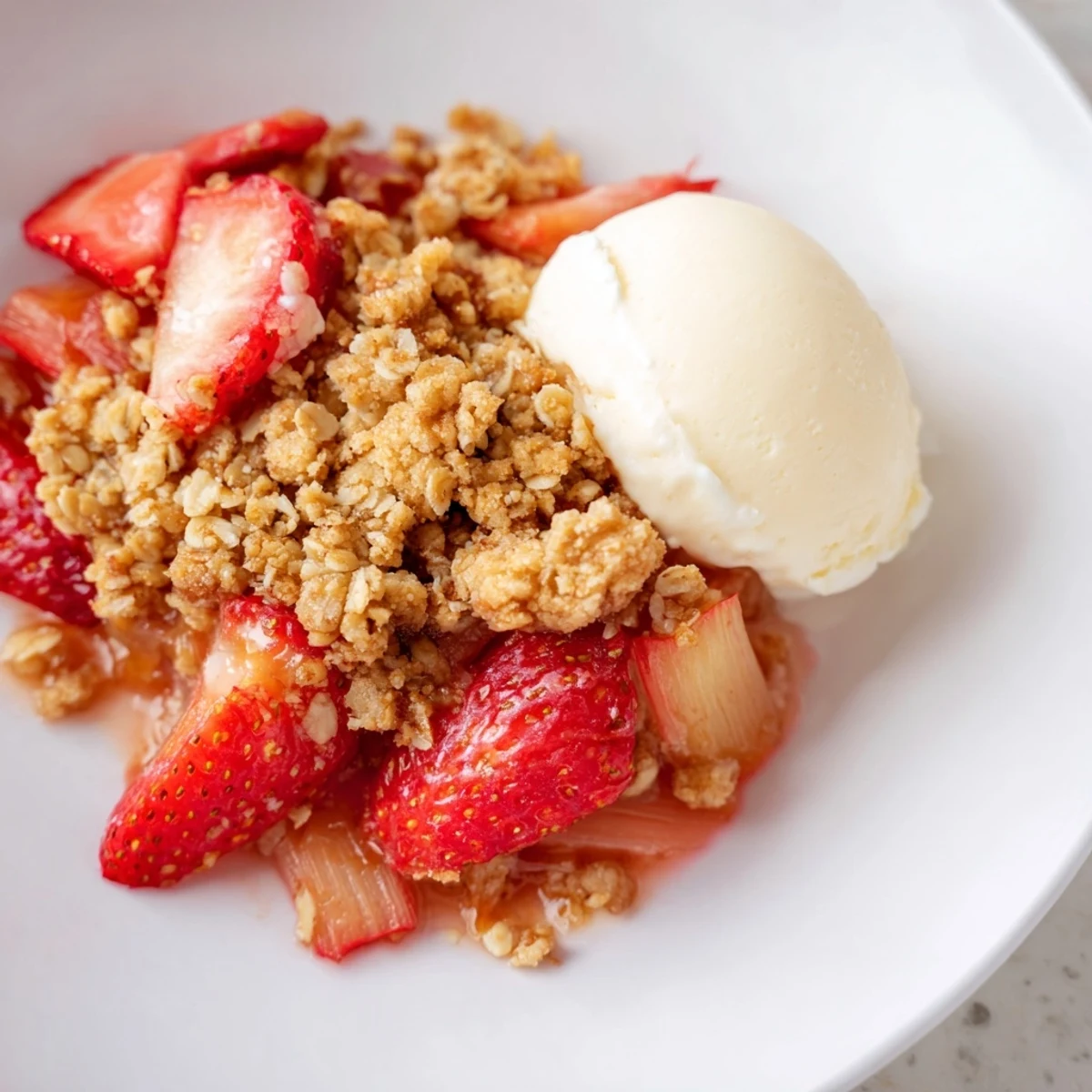 This warm Strawberry Rhubarb Crumble with Vanilla Ice Cream dessert features juicy red fruit and a crunchy oat topping.