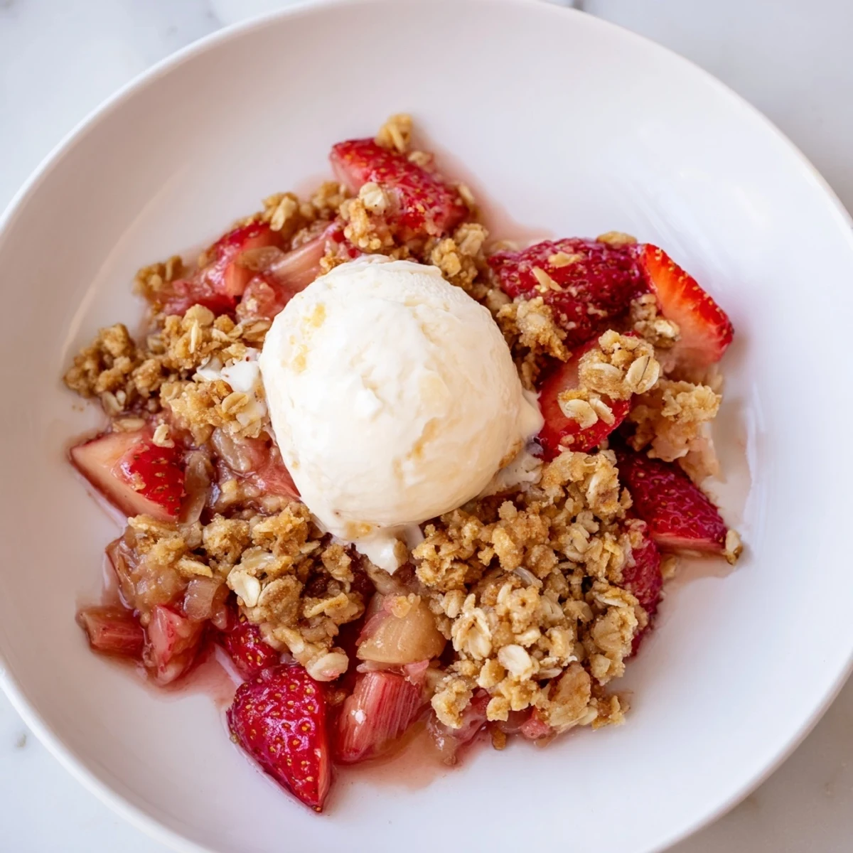 A slice of the Strawberry Rhubarb Crumble with Vanilla Ice Cream sits beside a melting scoop of vanilla ice cream.
