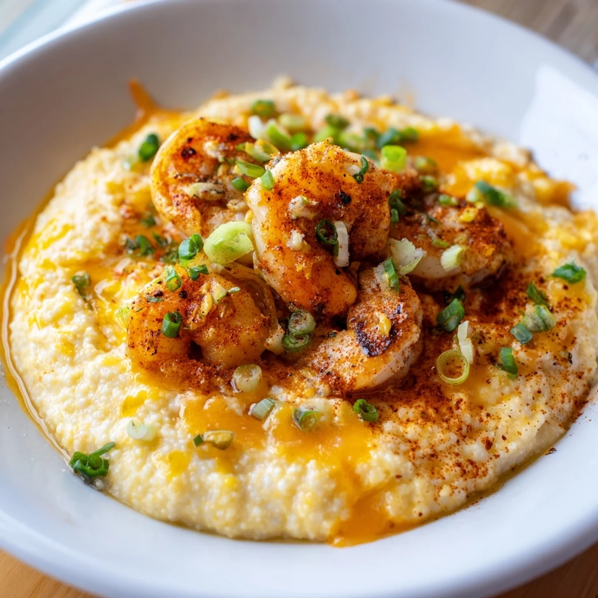 Creamy cheddar grits topped with spicy Cajun spiced shrimp and scallions in a rustic bowl.