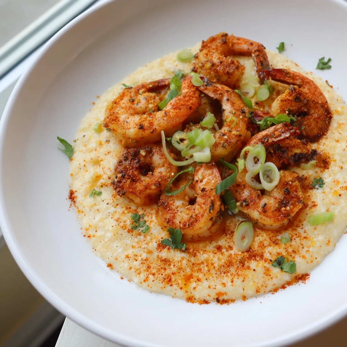 A close-up of Cajun spiced shrimp and grits with melted cheese and lemon garnish.