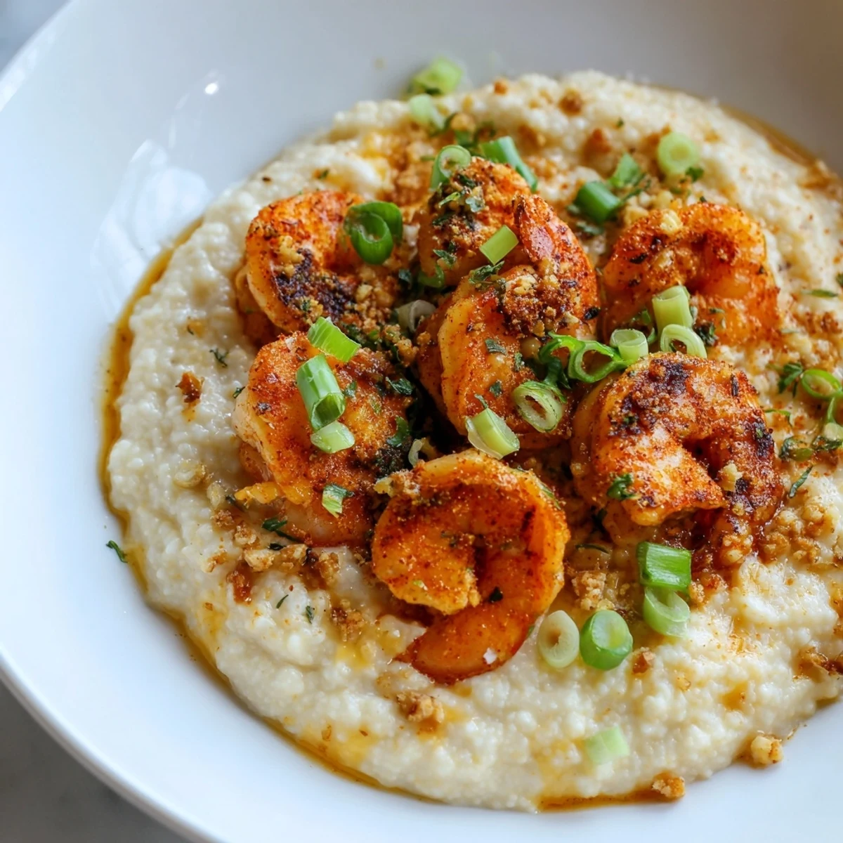 Southern-style Cajun spiced shrimp and grits served hot with extra cheddar and hot sauce.