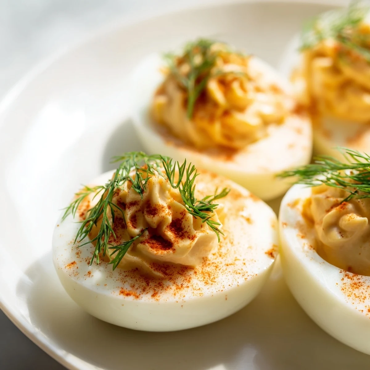 Bright yellow yolk filling on halved eggs topped with fresh dill and a dusting of smoked paprika.