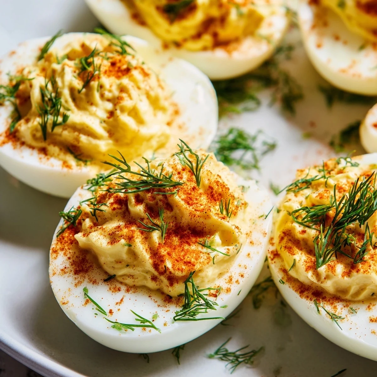 Classic deviled eggs garnished with chopped dill and paprika, served chilled on a white platter.
