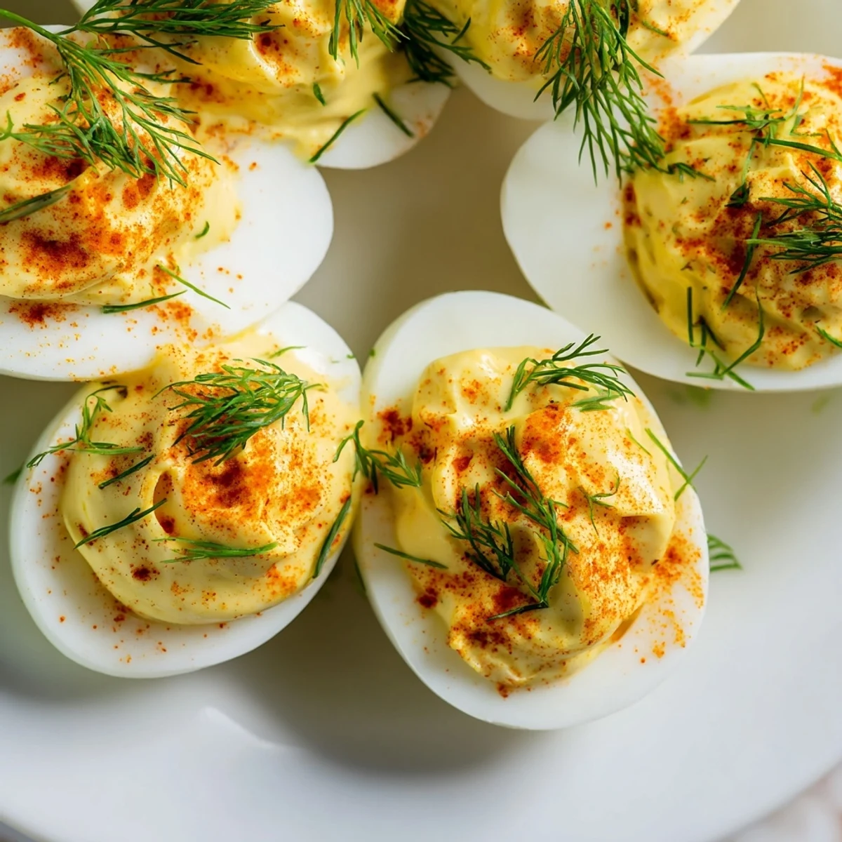 Fresh dill and smoked paprika garnish these creamy deviled eggs arranged on a serving plate.