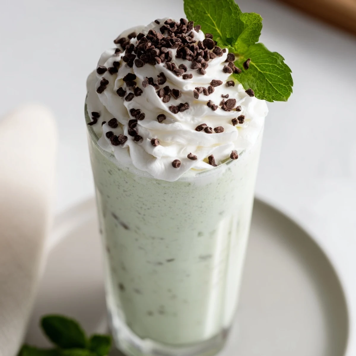 Creamy Mint Chocolate Chip Milkshake topped with fluffy whipped cream in a frosty glass for summer.