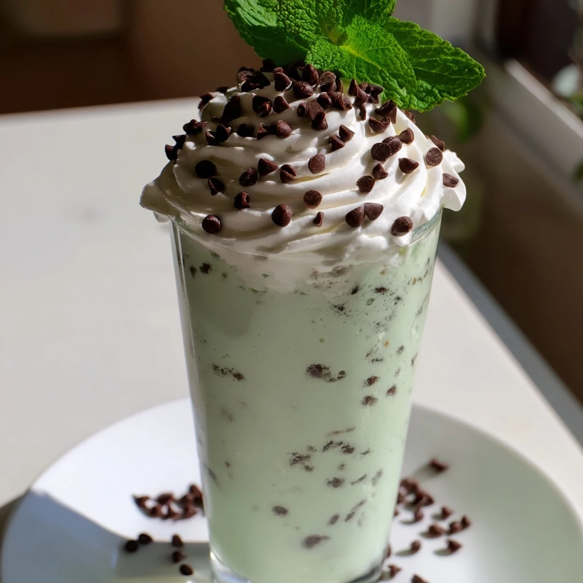 Mint Chocolate Chip Milkshake with chocolate chips, ice cream, and a straw ready to sip.