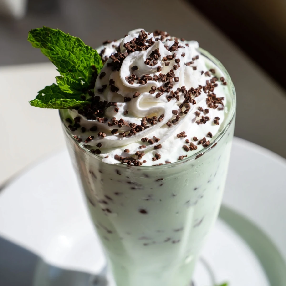 Cool, refreshing Mint Chocolate Chip Milkshake garnished with whipped cream and mint for a sweet treat.